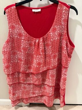 Jaclyn Smith Collection Sleeveless Red Printed Ruffle Layer Top